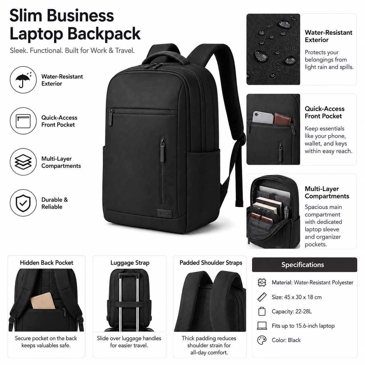 Slim 15.6-Inch Business Laptop Backpack, Water-Resistant Computer Bag for Work, Office & Travel | VIZO