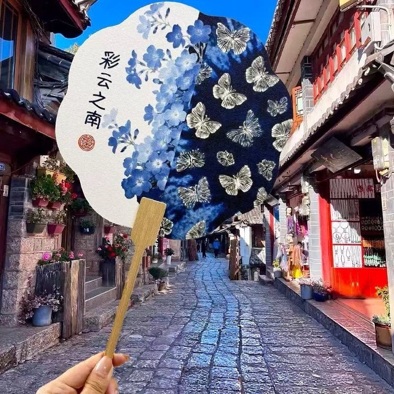 Tie-Dye Style Round Paper Hand Fans With Wooden Handles For Cultural Souvenirs