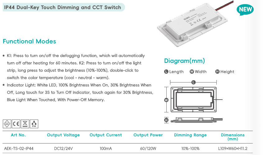 DC12/24V IP44 Dual Touch Dimmer Switch CCT Adjustable LED Controller with Defog