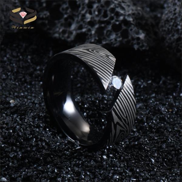 Men'S Titanium Rings Laser Damascus Steel Wood Grain Cubic Zirconia Inlayed