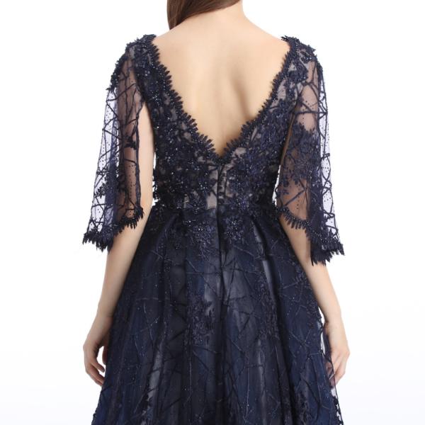 Ladies Half Sleeves Navy Blue Prom Dresses , Long Formal Dresses With Hot Rhinestone