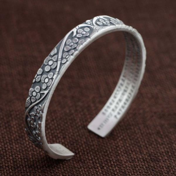 Women Sterling Silver Engraved Flowers Buddhist Sutras Retro Cuff Bracelet Bangle (SZ0161)
