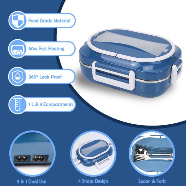 Heated Bento Box Electric Lunch Box 3 Grid Plate Removable Container For Adults Dark Blue