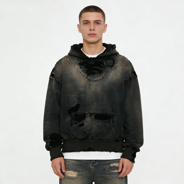 Manufacturer Custom Heavyweight Cropped Pullover Vintage Men Hoodie Streetwear Acid Wash Distressed Ripped Sun Faded Sweatshirt