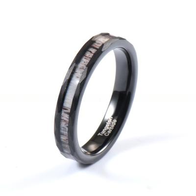 4mm Deer Antler Inlay Hammered Black Tungsten Ring pour les femmes Band de mariage Confort Adapté Préparation d'échantillons et type religieux