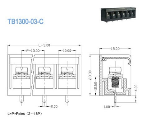 40A 600V PCB Barrier Terminal Block 13.00mm , Right Angle Wire Inlet
