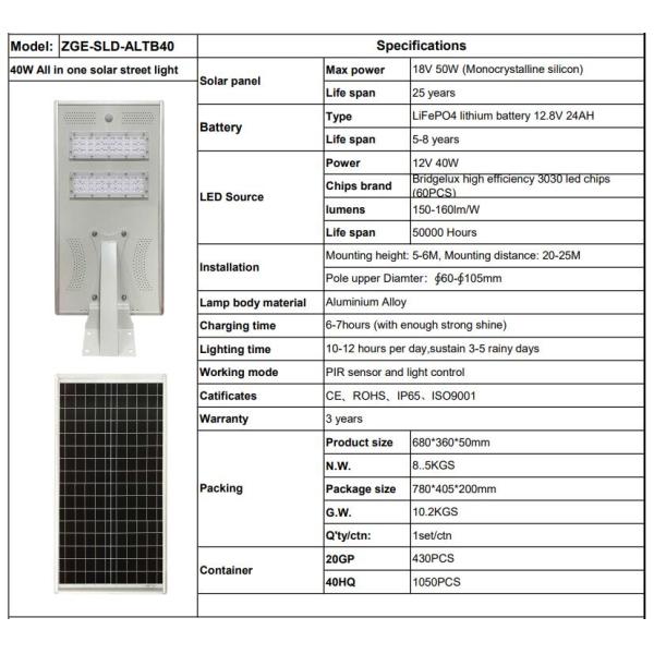 40w All In One Outdoor LED Street Lights 150LM/W-160LM/W 3 Years Warranty