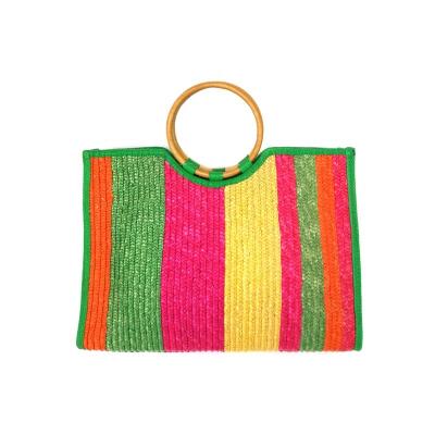 Saco colorido por atacado de Handmadebeach do punho de Straw Bag With Round Wood