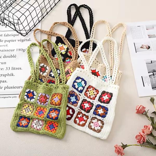 OEM/ODM Acceptable Crochet Women Shoulder Bags Granny Square Tote Bag Knitted Handbags