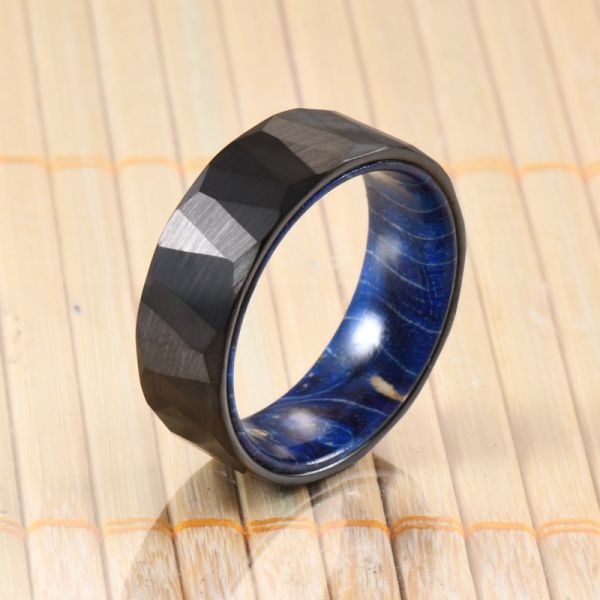 Blue Purple Box Elder Wood Inner Brushed Faceted Styles 8mm Classic Silver or Black Tungsten Ring for Men Wedding Bands
