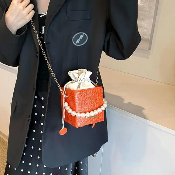 Summer Fashion Candy Color Bucket Bag With Pearl Chain Shoulder Sling Bag for Women