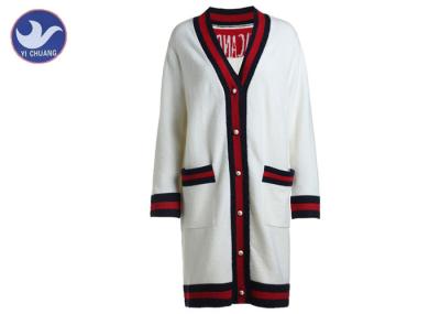 White Women'S Button Down Cardigan Sweaters , Long Oversized Knit Cardigan Lurex Stripes Trims 