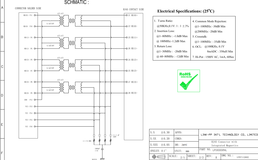 Фильтр 10/100Mbps, XMP-RMP-LC4P-16F6-NL IEEE 802,3 POE RJ45 10P8C