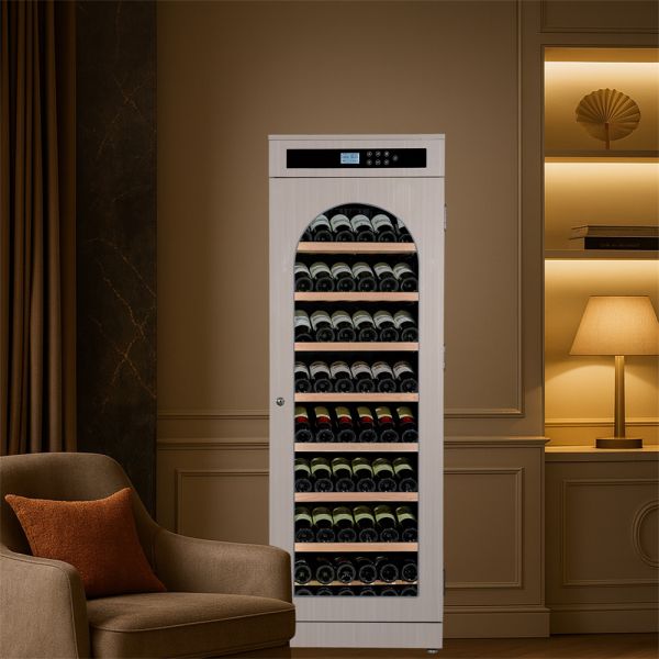Freestanding Wood Wine Cooler with Digital Control Panel and Arched Glass Door