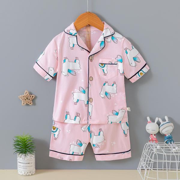 95% Cotton Lapel Children Button Down Pajama Cardigan Set Cartoon Alpaca