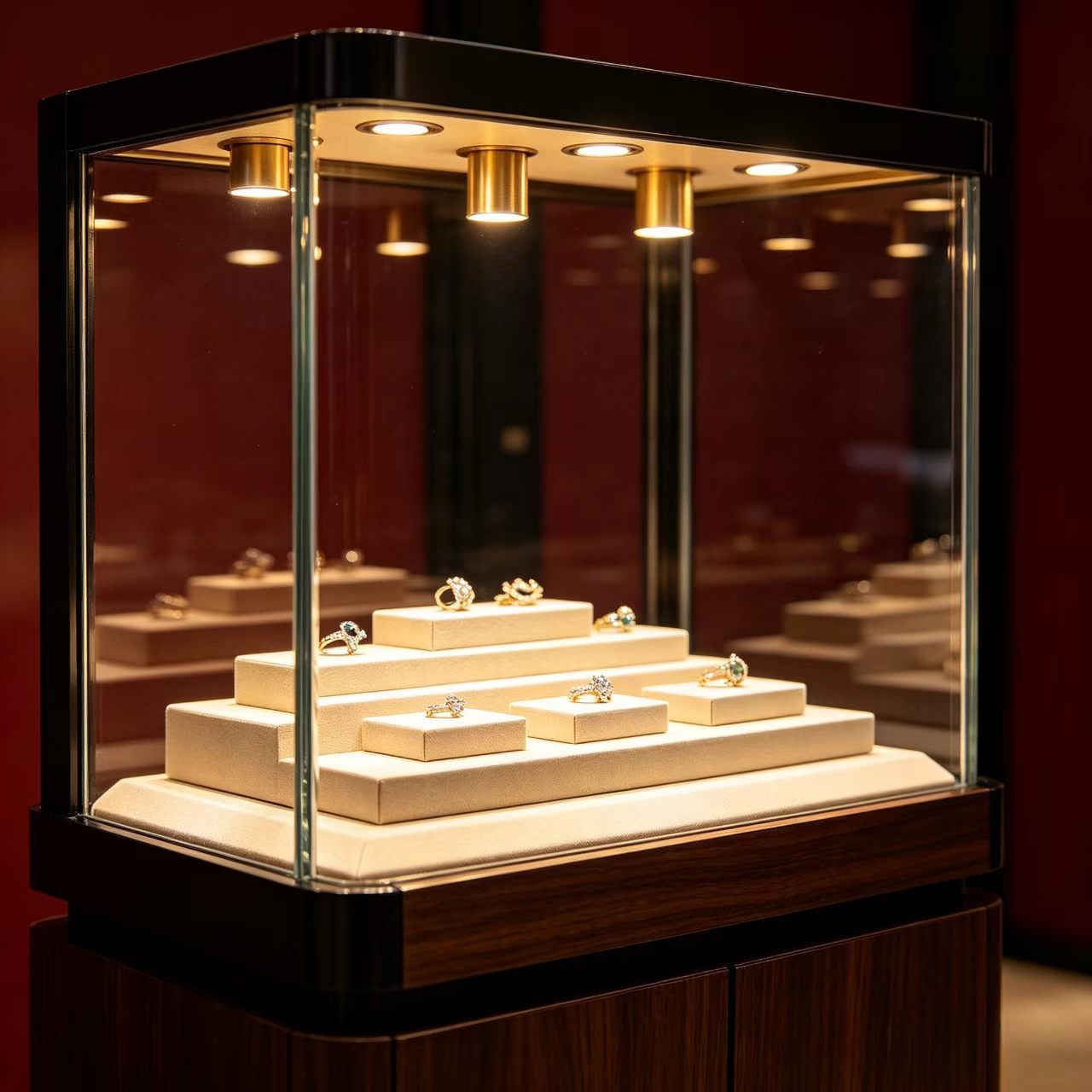 Built-in LED Lighting Island Display Cabinet with Lockable Glass Doors in Solid Wood for Retail Display and Storage