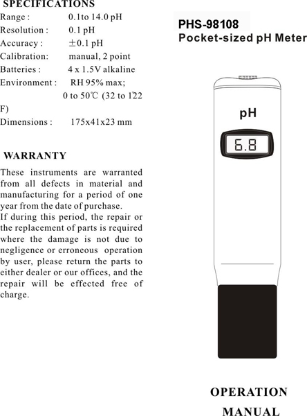PHS-98108 tester family ATC Pen PH meter