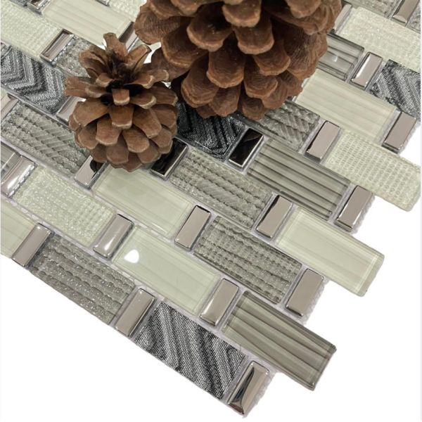 Contemporary Style Sliver and Grey Stone Mix Glass Mosaic Tile for Wall and Floor Decoration