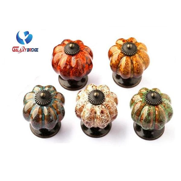 Colorful Pumpken Shape Ceramic Cupboard Door Knobs Porcelain Antique Bronze Crack Marble Pattern Knobs