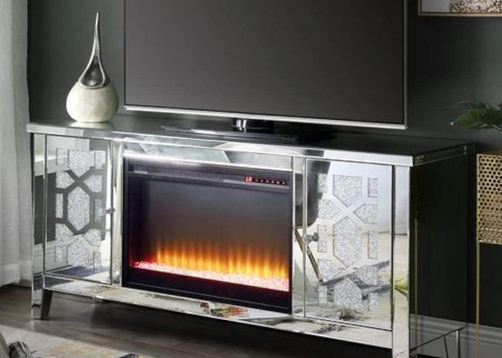 Mirrored Design Electric Fireplace TV Stand with Crush Diamond Accents and 1500W Heater