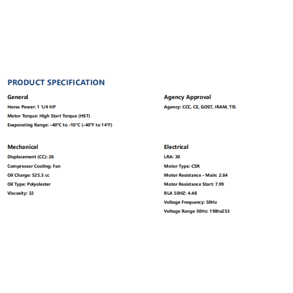 220-240V 1PH 50Hz Refrigeration Compressor TYA2446ZKS with 525.3 cc Oil Charge and Hermetic Piston Design