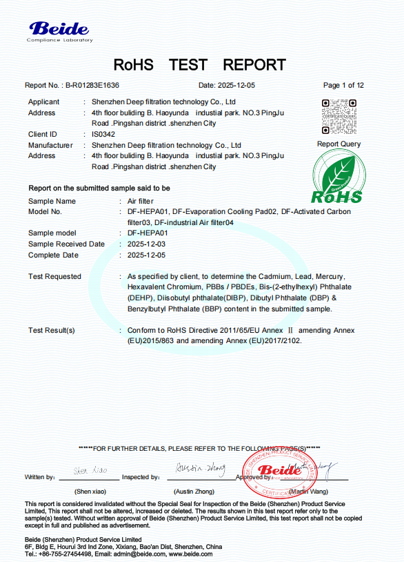 SHENZHEN DEEP FILTRATION TECHNOLOGY CO.,LTD Certifications