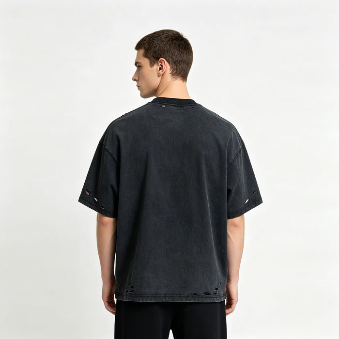 Ripped Wash Basic Crew Neck Tee Grunge Loose Fit T Shirt 275GSM