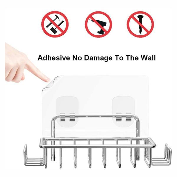 No Drilling Stainless Steel Adhesive Soap Dish Soap Holder for Shower Wall with 4 Hooks