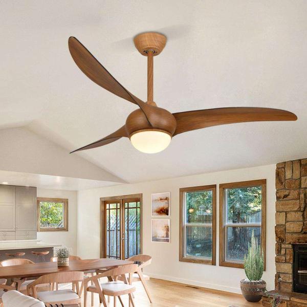 Ventilateur de plafond décoratif avec éclairage, 3 pales en bois massif, style vintage, télécommande, moteur DC de 52 pouces, alimentation électrique