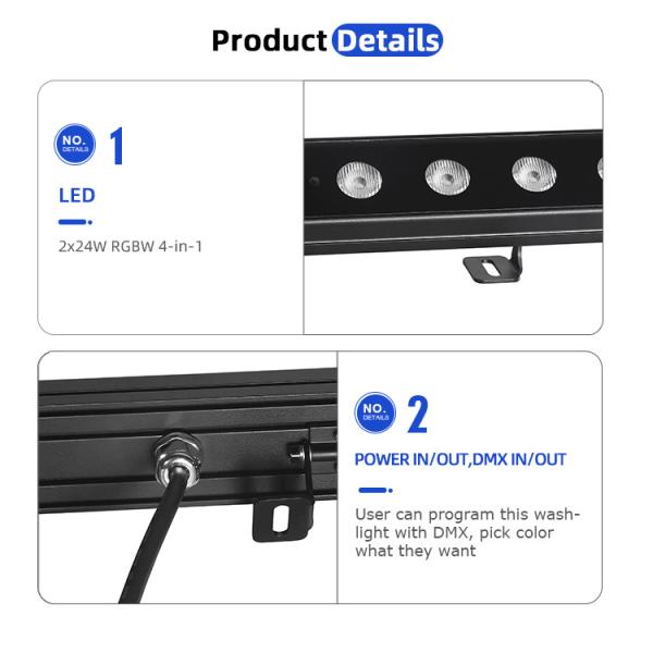 Outdoor LED Wall Washer Bar 24x2W RGBW 4in1 IP65 Waterproof DMX512 Linear Wash for Building Facade Landscape Bridge Stage Lighting