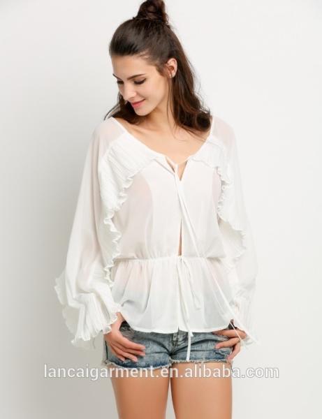 New Design Women Bat wing Long Sleeve Elastic Waist Ruffles Sheer Blouse Tops11