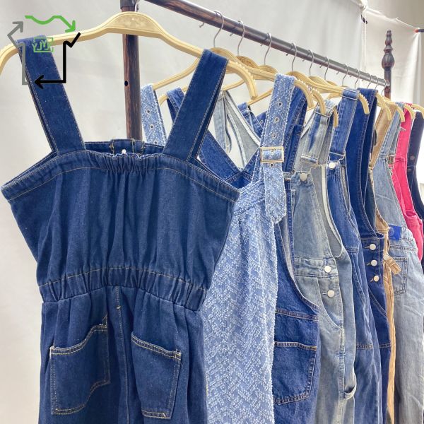 Casual Used Summer Clothing Mixed Sizes Ladies Second Hand Denim Suspender Pants
