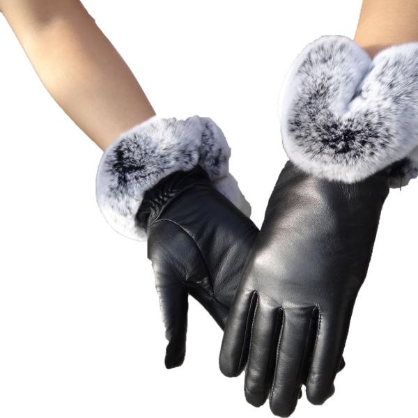 New Collection Fashion Genuine leather Rex Rabbit Fur Cuff Wool Lined Sheepskin Ladies Dress Gloves