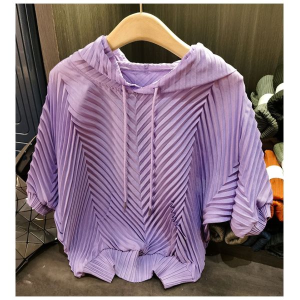 Hooded Pleated Lazy Style Summer Korean Version Loose Short Sleeved Solid Color T-shirt Top for Women