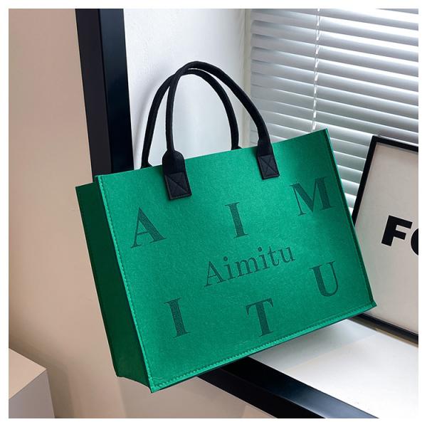 Portable Promotion Custom Printed Logo Felt Tote Bag Handbags Wool Felt Grocery Shopping Tote Bag Wholesale Fashion Women Daily Felt Gift Tote Bag With Outer Pocket