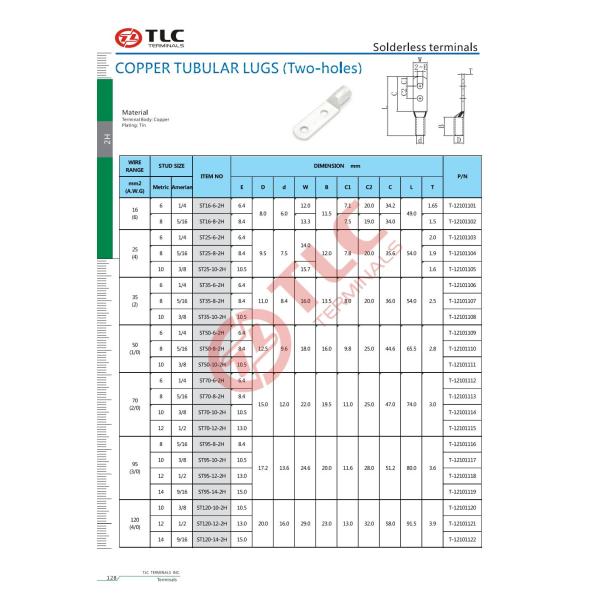 16-630mm2 Mechanical Cable Lugs Two Holes Copper Tube Lugs 2 Holes Connection High Current