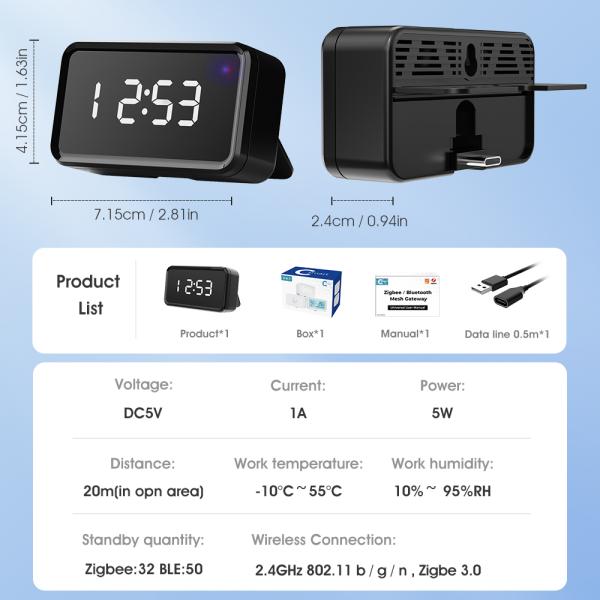 Tuya ZigBee Gateway with Time Display, Multi-Mode Smart Hub for Bluetooth Mesh, Alexa, Google Home, and Wireless Bridge Connectivity