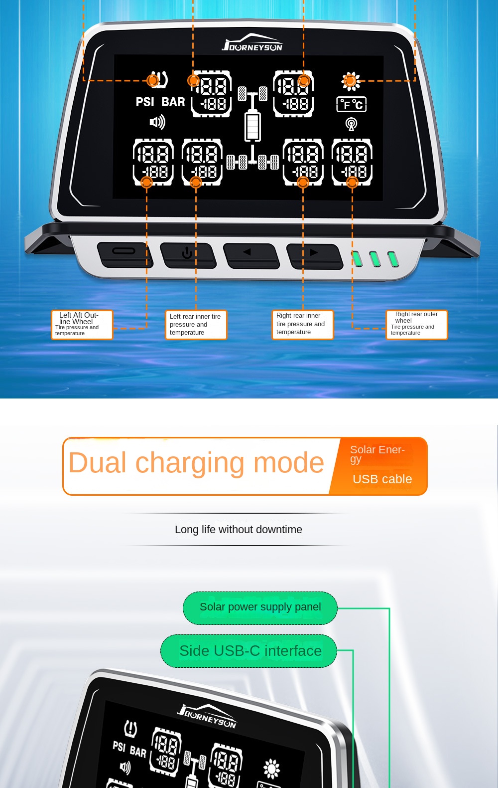 JYS Large Screen Display Truck Tire Pressure Temperature Monitor 6 Wheels Color Screen Design TPMS Sensor Universal 4V