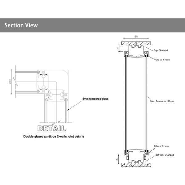 Aluminum Frame Acoustic Glass Partition Wall System 90mm Thickness For Offices
