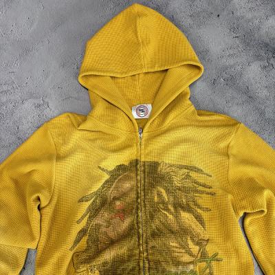 Men's Custom Waffle Knit Zip Hoodie Heavyweight Oversized Distressed Vintage Acid Wash