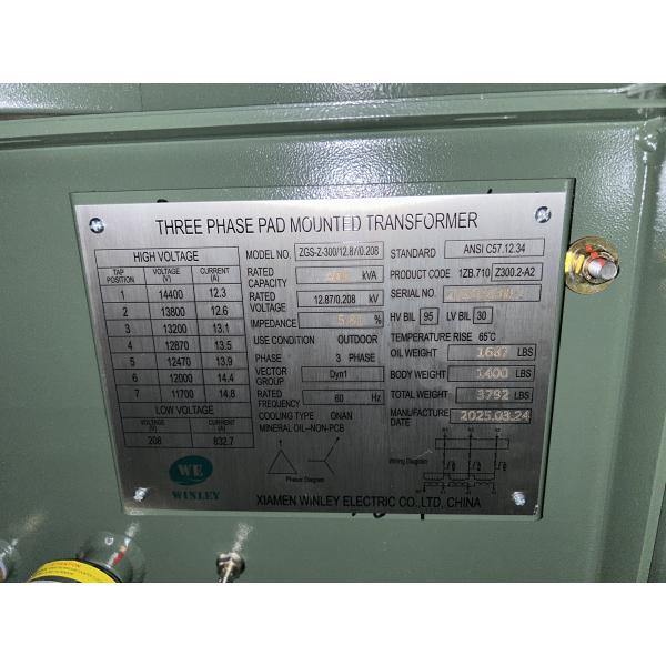 300Kva Three Phase Pad Mounted Transformer Oil Immersed Distribution 12870V To 208V ANSI IEEE Standards