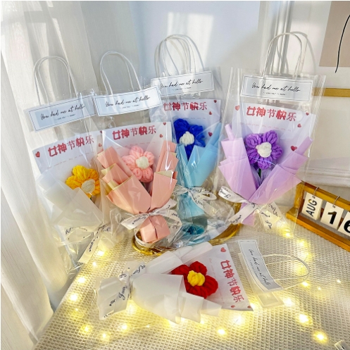 Finished Transparent Light Packaging Bag Plush Flowers Bouquet Variety Dolls In Large Puff Bouquet For Women's Day Gift
