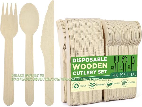 Disposable Wooden Cutlery Set, Pack Of 200 (100 Forks, 50 Spoons, 50 Knives) Biodegradable Compostable Utensils