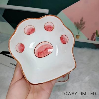  				Cute Printing Paws Dog Feeder Ceramic Cartoon Pup Cat Bowls 	        