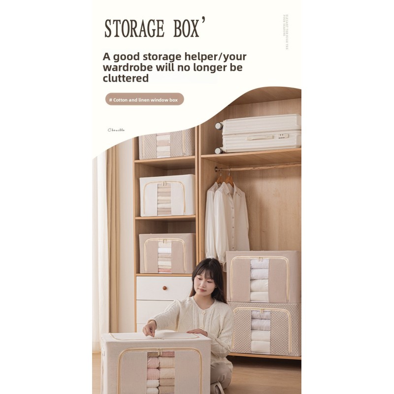 Modern Cotton Linen Clothing Storage Box with Steel Frame Foldable Quilt Down Jacket Organizer Fabric Storage Box