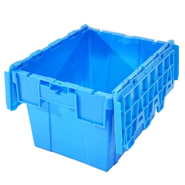 Recyclable 21L 60L Stacking Crate HDPP Tote Attached Lid Nest Plastic Shipping Crates