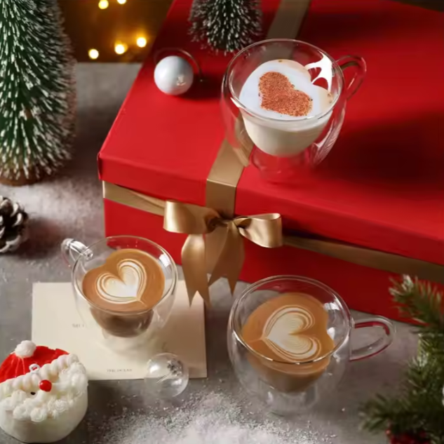 Clear Heart Shape Double Insulated Glass Mugs High Borosilicate Glass Coffee Mug