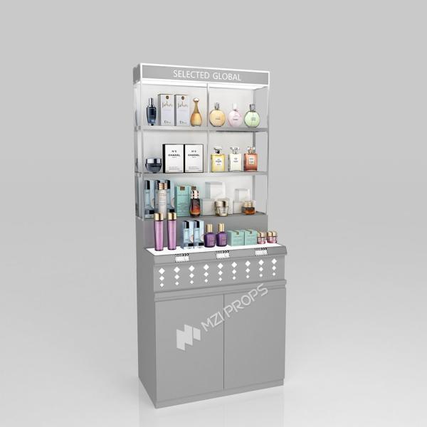 Présentoir de magasin de beauté en bois gris avec éclairage LED pour comptoir de magasin haut de gamme et table de boutique avant-gardiste