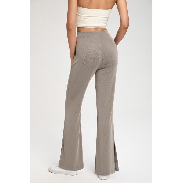 Women's Taupe High Waisted Flare Yoga Pants Soft Stretch Side Slit with Pockets