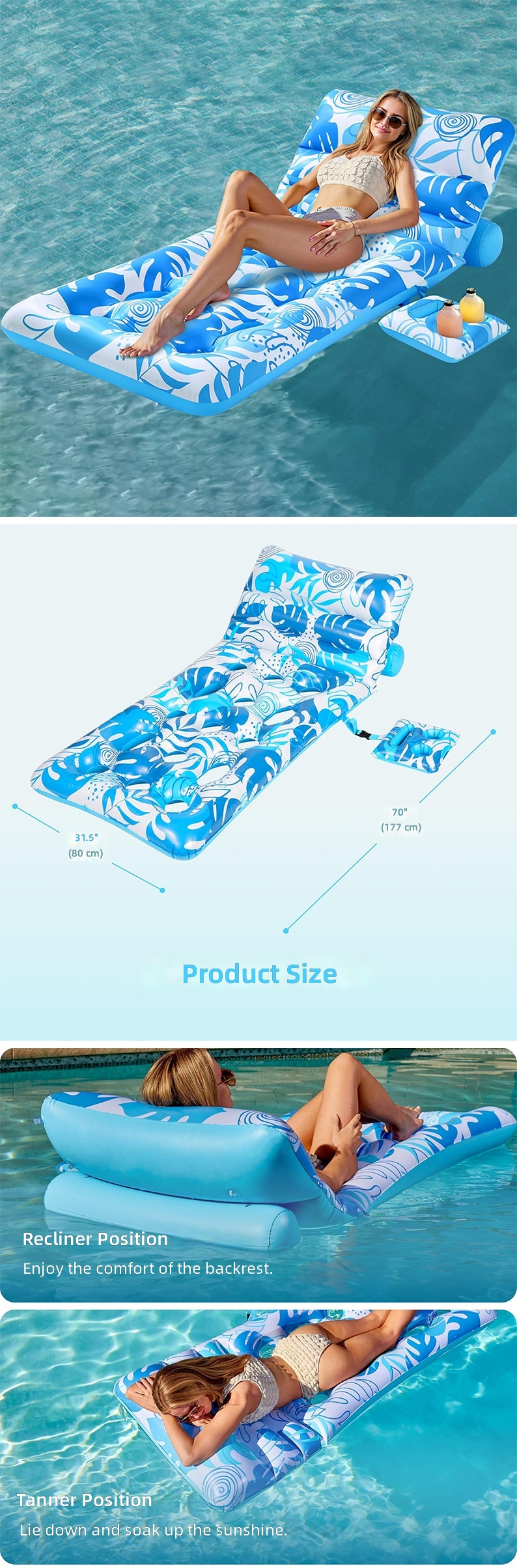 Cross-border PVC Inflatable Raft Cup Holder Backrest Hollow-Design Floating Bed Tropical Leaf Patterned Beach Water Mattress